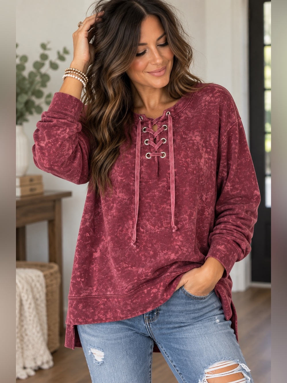 Mudd Medium Burgundy Mineral Wash Lace Up Pullover Boho Y2K